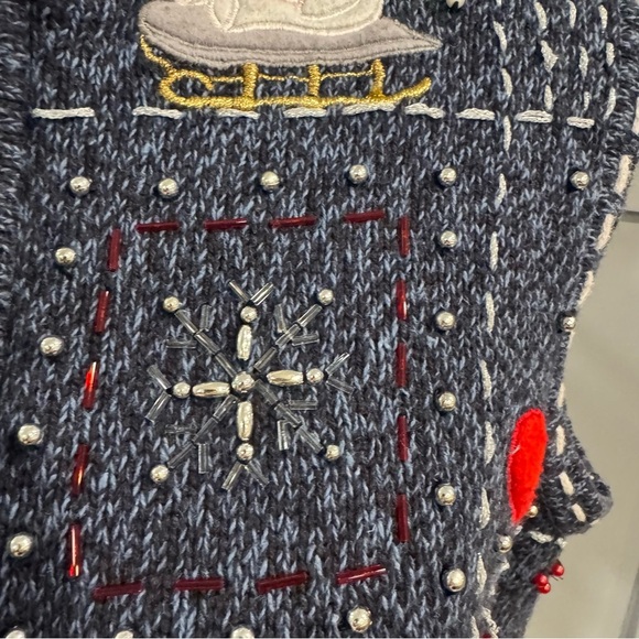 Christmas Zip Up Sweater Vest Blue Snowman Santa Beads Appliqué Embroidery sz PL - Picture 2 of 6